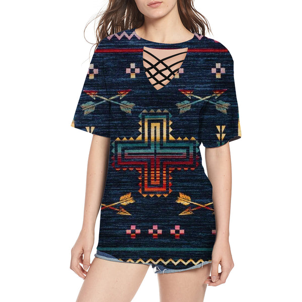 Cross & Arrow Pattern Round Neck Hollow Out Tshirt - Image 2