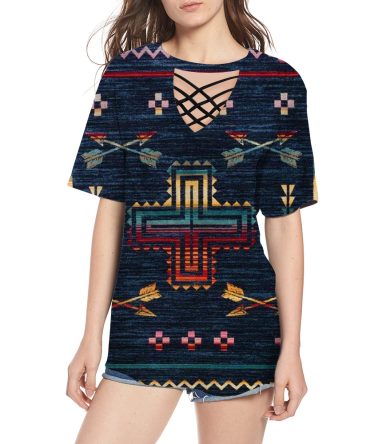 Cross & Arrow Pattern Round Neck Hollow Out Tshirt