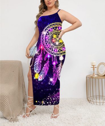 Purple & Yellow Oblique-Shoulder Exposure Dress With Side Split