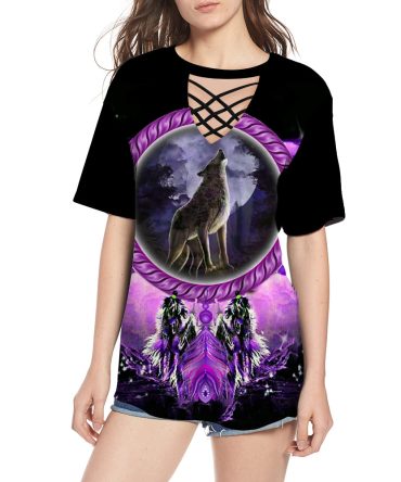 Howling Wolf Dream Catcher Round Neck Hollow Out Tshirt