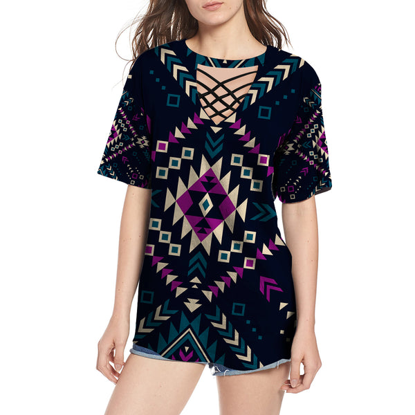 Dark Color Pattern Round Neck Hollow Out Tshirt - Image 2