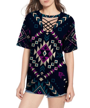 Dark Color Pattern Round Neck Hollow Out Tshirt