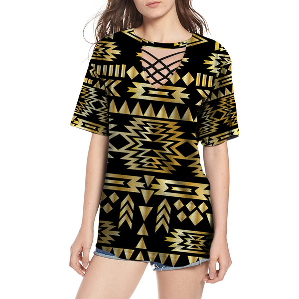 Seamless Yellow Pattern Round Neck Hollow Out Tshirt - Image 2