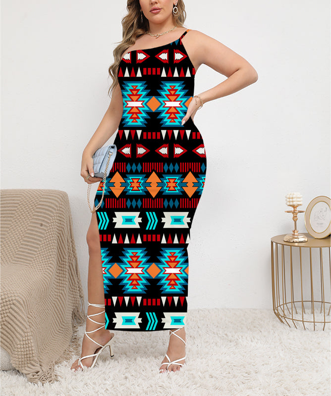 Light Neon Blue Pattern Oblique-Shoulder Exposure Dress With Side Split