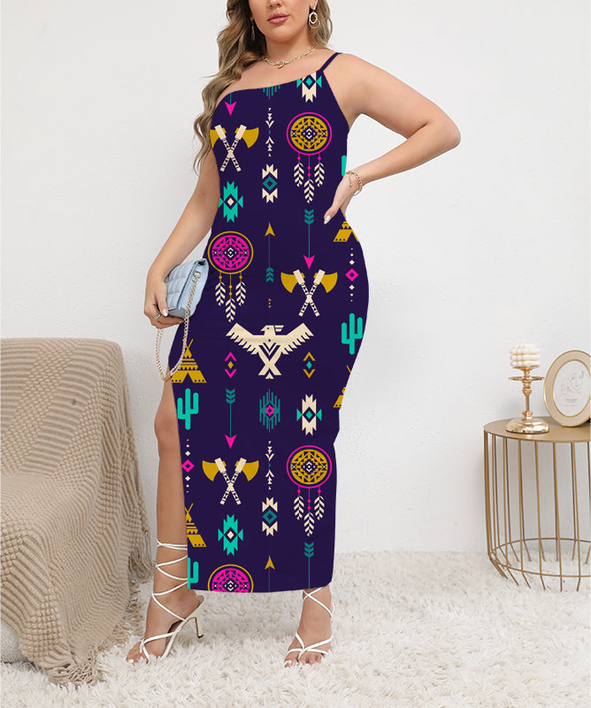Thunderbird Pattern Oblique-Shoulder Exposure Dress With Side Split