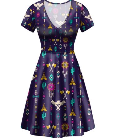 Thunderbird Pattern Blue Round Neck Dress