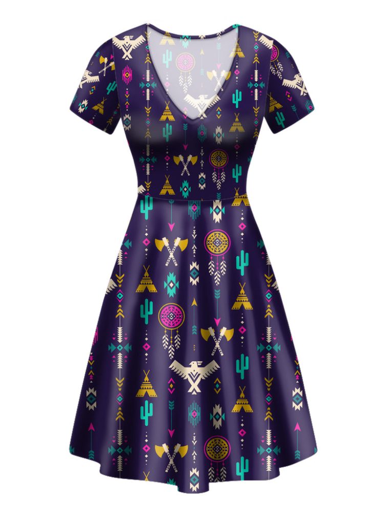 Thunderbird Pattern Blue Round Neck Dress