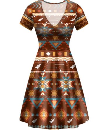 Pattern With Birds Round Neck Dress