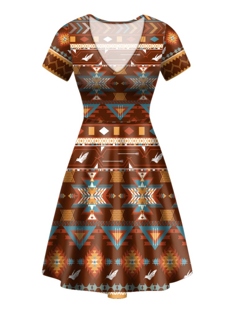 Pattern With Birds Round Neck Dress
