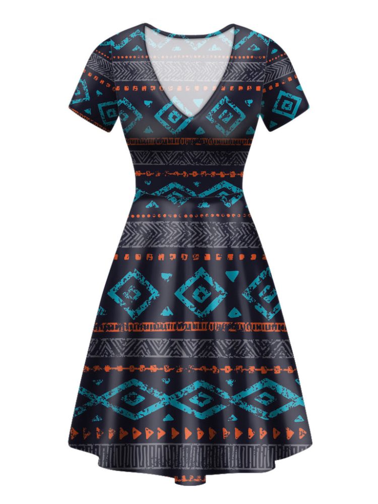 Seamless Ethnic Ornaments Round Neck Dress