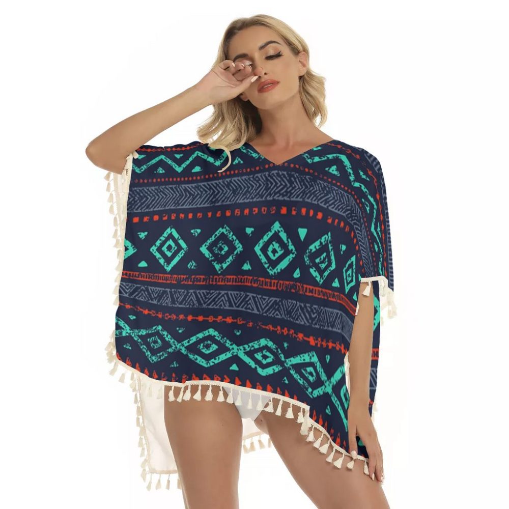 Seamless Ethnic Ornaments Square Fringed Shawl