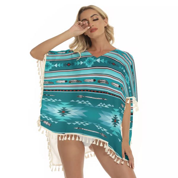 Blue Light Pattern Square Fringed Shawl - Image 2