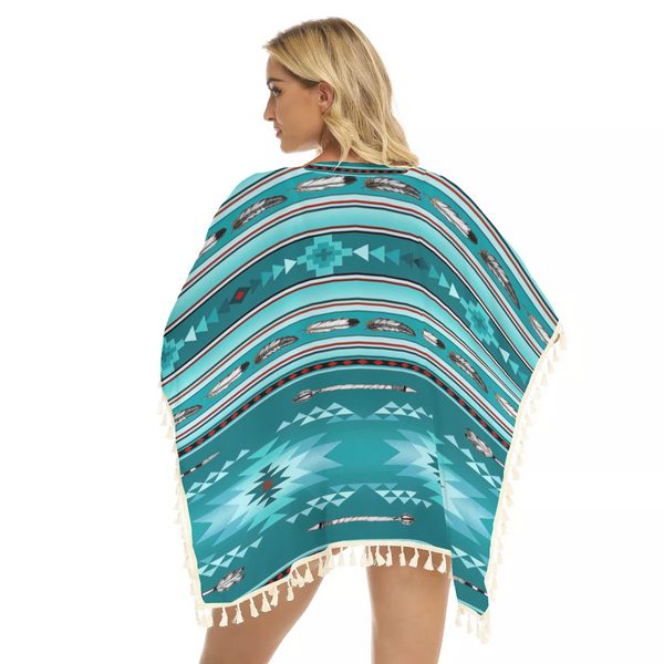 Blue Light Pattern Square Fringed Shawl - Image 3