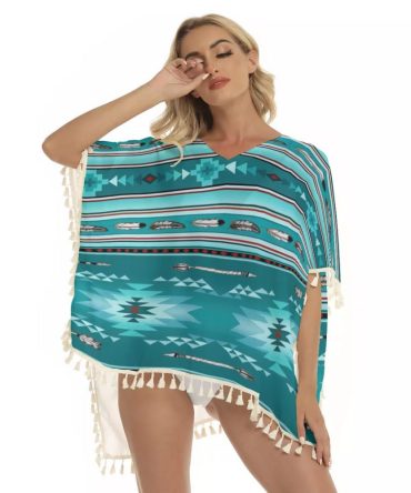 Blue Light Pattern Square Fringed Shawl