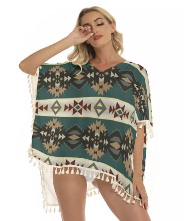 Navajo Geometric Seamless Pattern Square Fringed Shawl