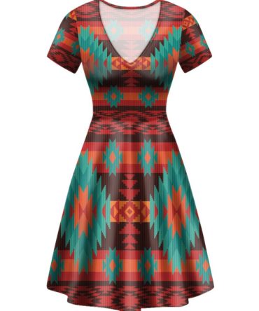 Red Geometric Pattern Round Neck Dress