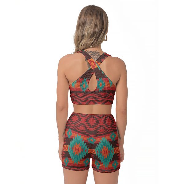 Red Geometric Pattern Women's Sports Bra Suit - Image 3