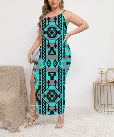 Pattern Blue Oblique-Shoulder Exposure Dress With Side Split