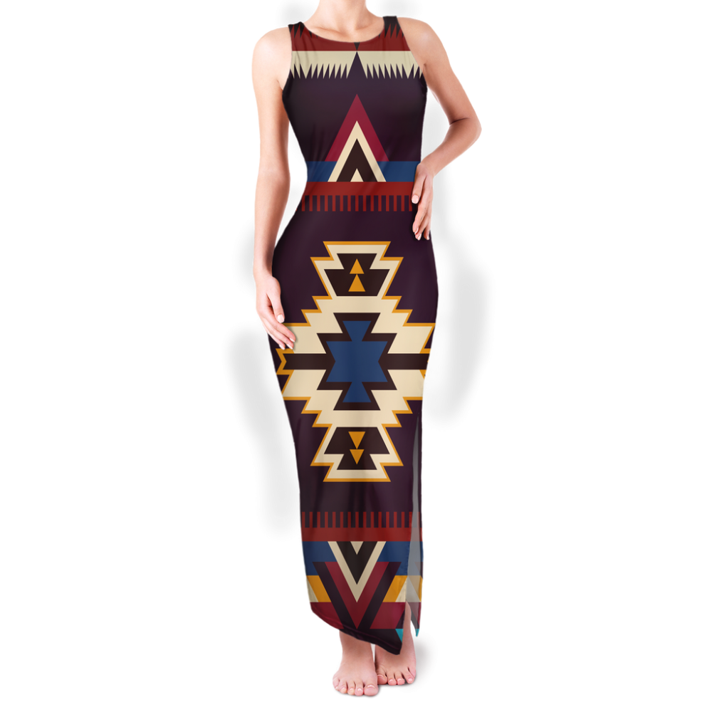 Pattern Native Round Neck Double Slit Sundress