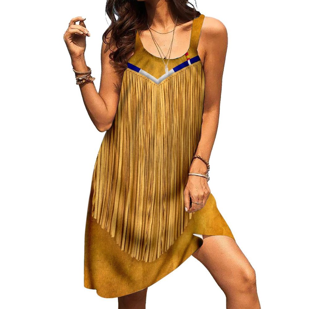 Brown American Native Sleeveless Beach Dress