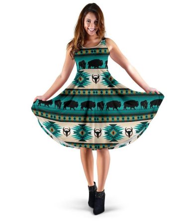 Green Running Bisons Native American 3D Dress