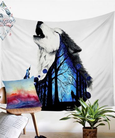Howling Wolf Forest Art Print Tapestry