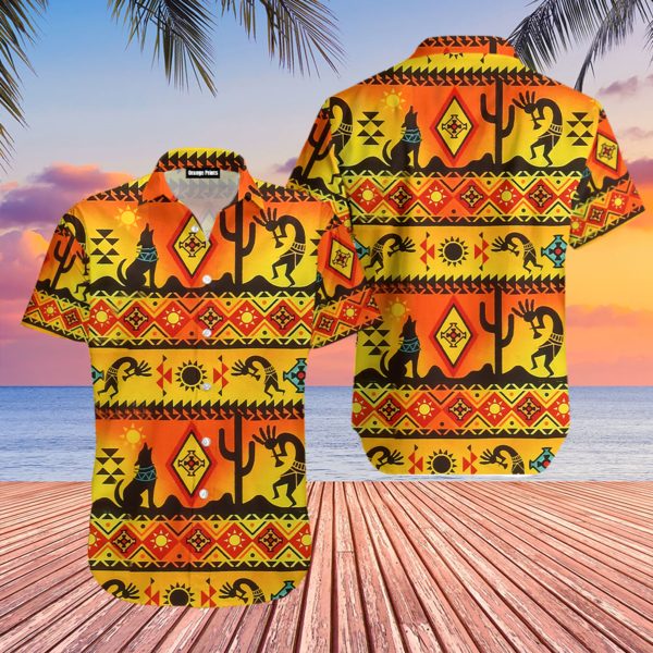 Kokopelli Myth Yellow Native American Aloha Hawaiian Shirt - Image 2