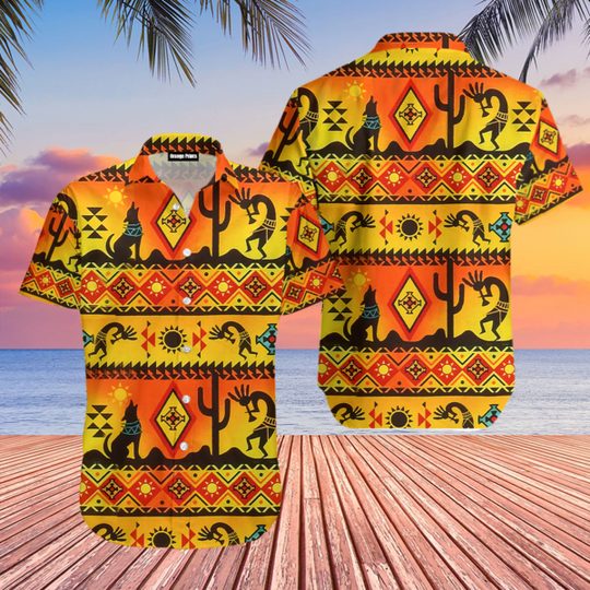 Kokopelli Myth Yellow Native American Aloha Hawaiian Shirt - Image 3
