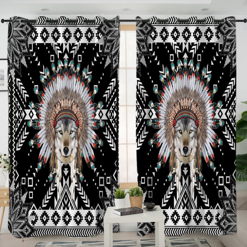 Wolf Pattern Black Native American Living Room Curtain