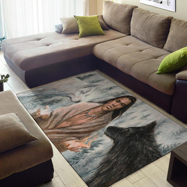 Man And Wolf Native American Area Rug - Image 3