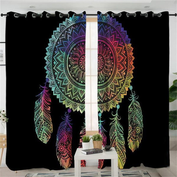 Mandala Dreamcatcher Colored Feathers Living Room Curtains - Image 2