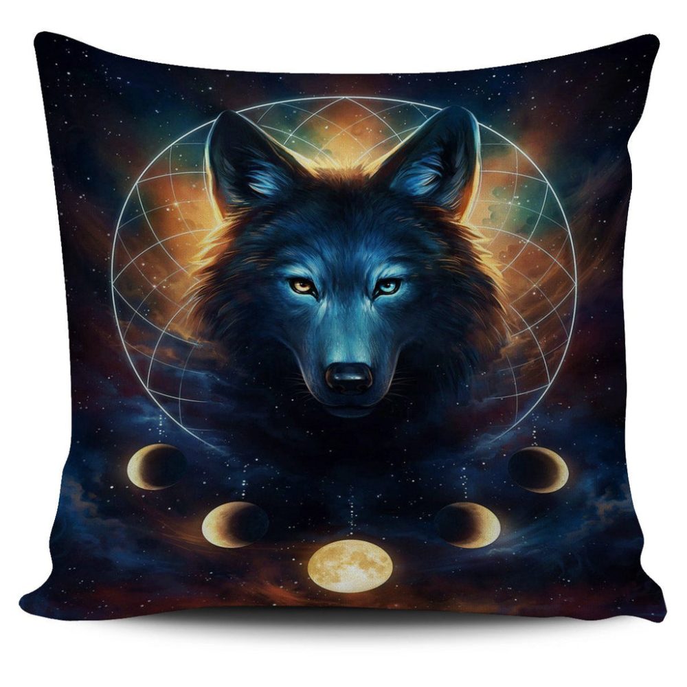 Moon Eclipse And Wolf Native American Pillow Cover