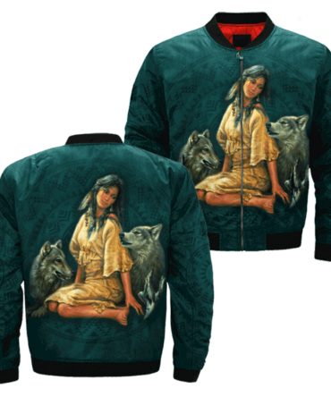 Native American Girl And Her Wolves Bomber Jacket