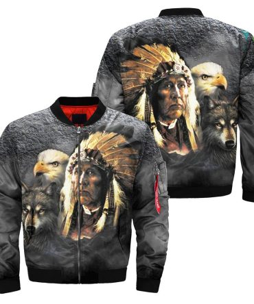 Native American Indian Eagle Wolf Spirit Animails Bomber Jacket
