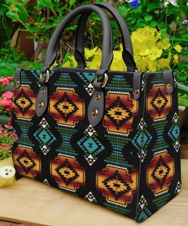Native American Patterns Black Red Leather Bag