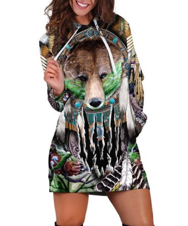 Native American Bear Green Hoodie Dress