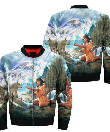Native Dreamcatcher Wolves Bomber Jacket