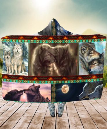 Native Loving Wolves Hooded Blanket