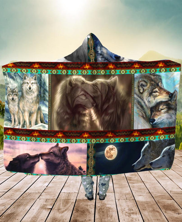 Native Loving Wolves Hooded Blanket