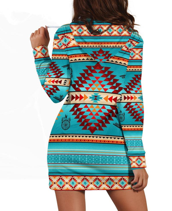 Native Turquoise Background Hoodie Dress - Image 2