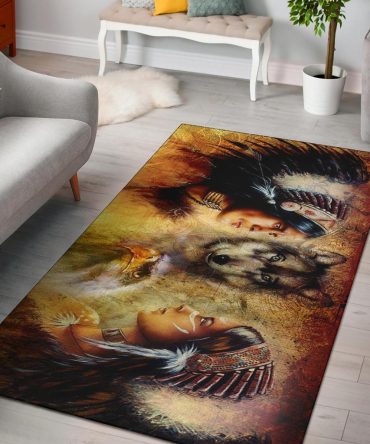 Native Women With Wolf Native American Area Rug no link
