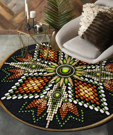Naumaddic Arts Green & Orange Cross Rosette Native American Design Round Carpet