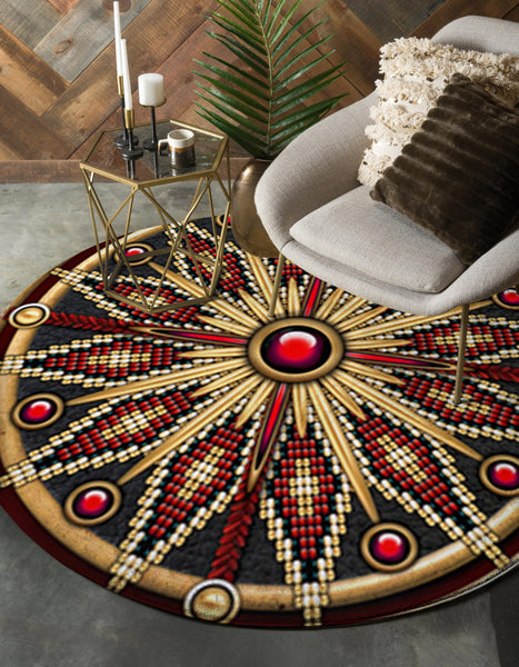 Naumaddic Arts Red Stone & Dark Gray Native American Design Round Carpet - Image 2