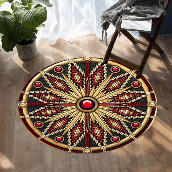 Naumaddic Arts Red Stone & Dark Gray Native American Design Round Carpet - Image 3