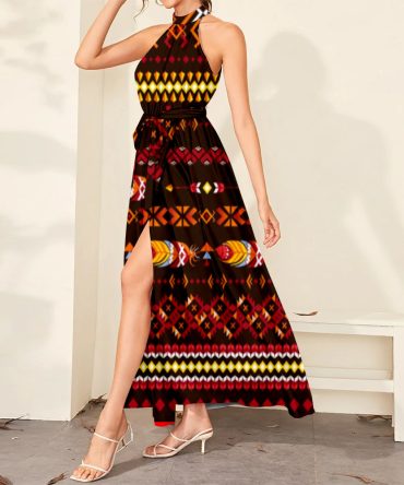 Pattern Feather Red Dress Maxi Ligation