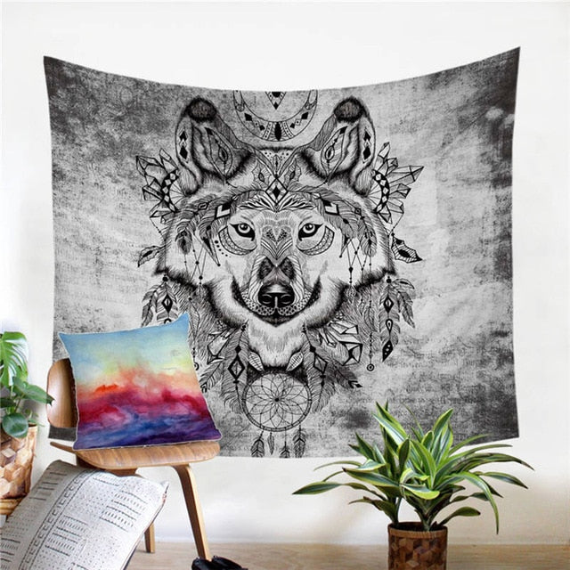 Tribal Wolf Dream Catcher Tapestry