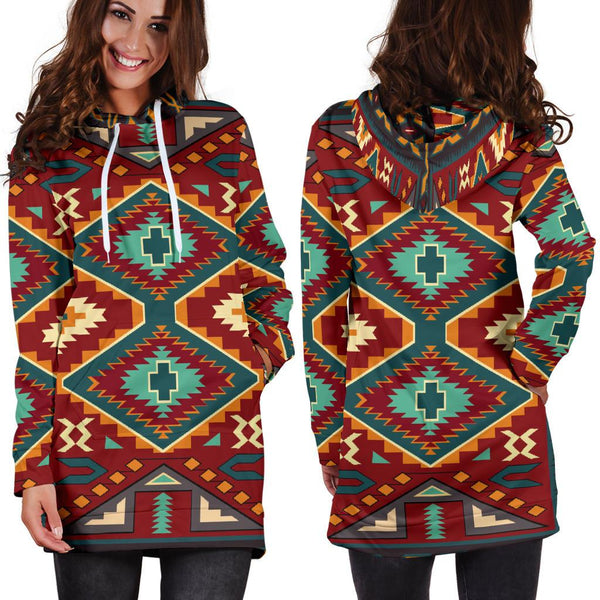 Tribe Ethnic Red Pattern Native American Hoodie Dress - Image 3