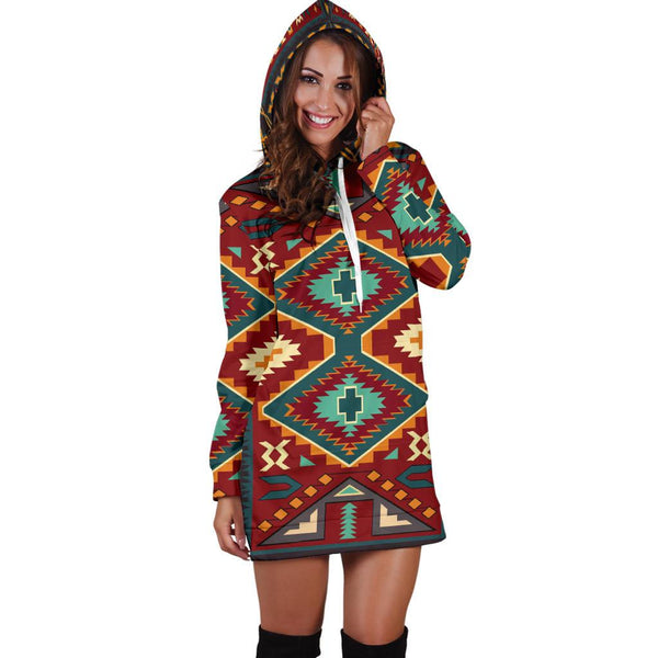 Tribe Ethnic Red Pattern Native American Hoodie Dress - Image 4