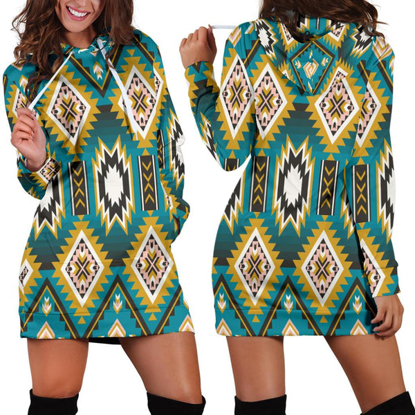 Turquoise Blue Color Native Ameican Hoodie Dress - Image 2
