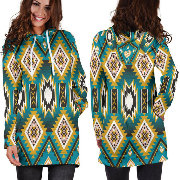 Turquoise Blue Color Native Ameican Hoodie Dress - Image 3